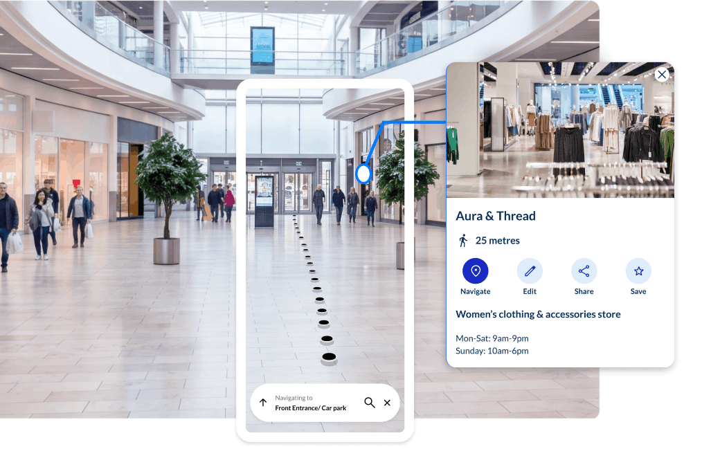 Smartphone showing Spaces turn-by-turn navigation to a store inside a shopping centre atrium