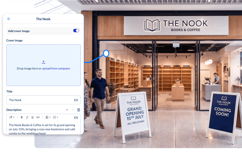 Editing a retail destination in the Spaces no-code editor alongside a newly opened store unit