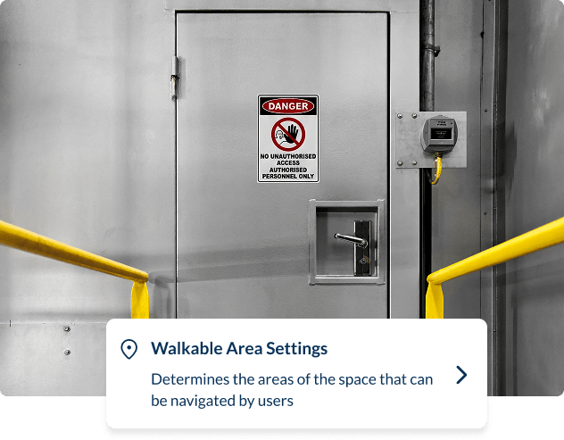 A restricted-access door alongside walkable area settings in Spaces, determining which areas of a facility can be navigated by users
