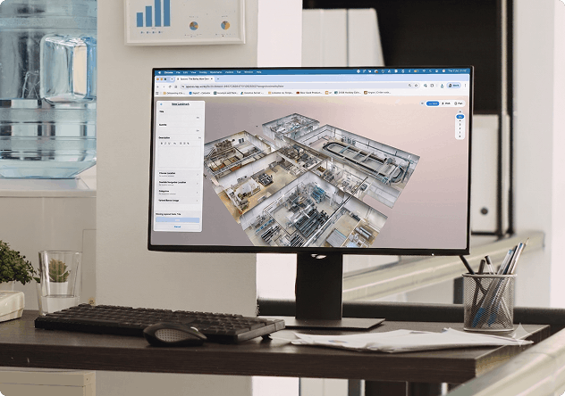 A 3D scan of an industrial facility open in the Spaces editor on a laptop