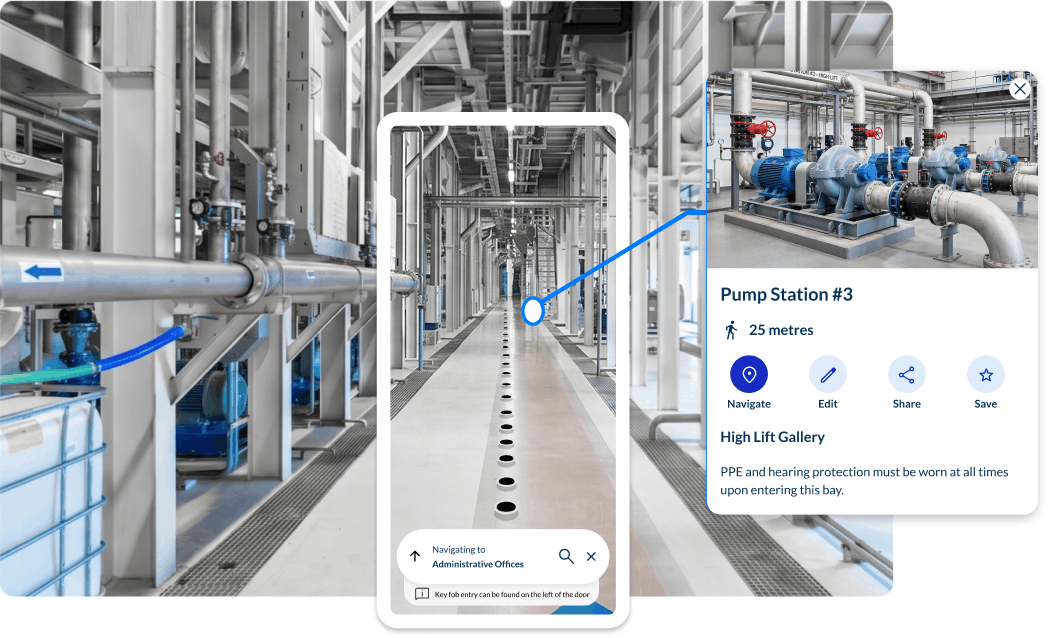 Smartphone showing Spaces turn-by-turn navigation to an asset inside an industrial facility