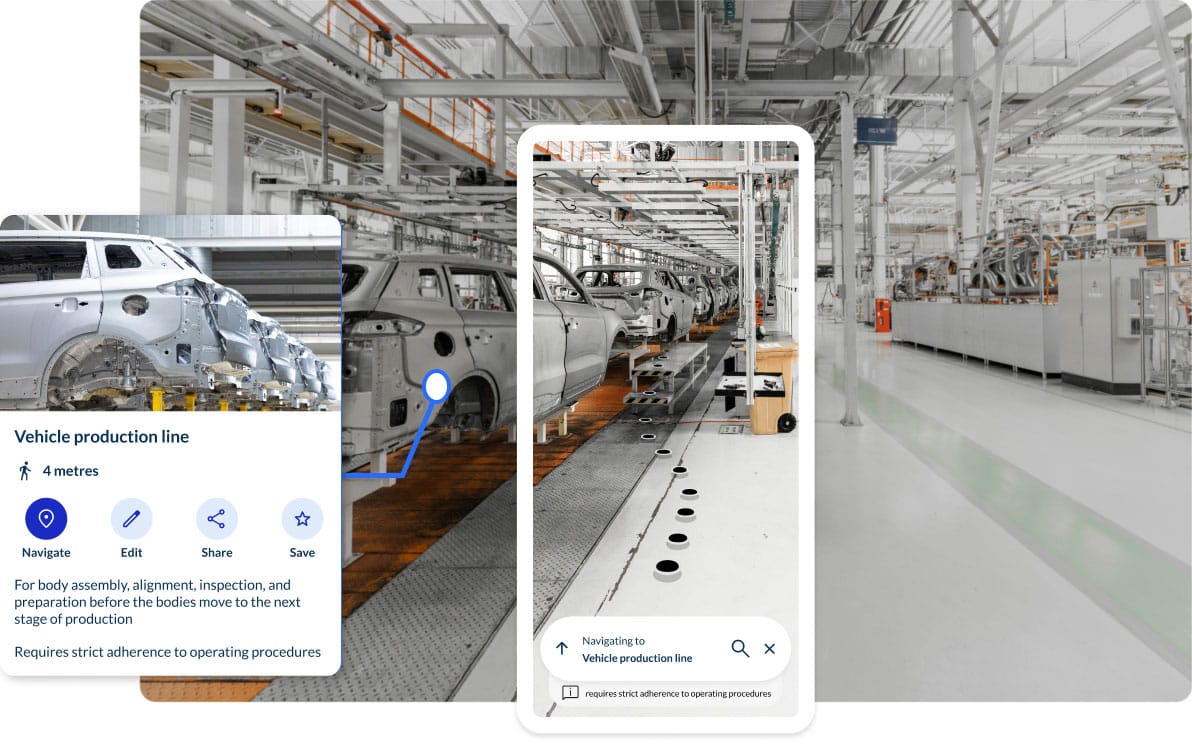 Smartphone displaying the Spaces indoor navigation interface overlaid on an industrial factory environment