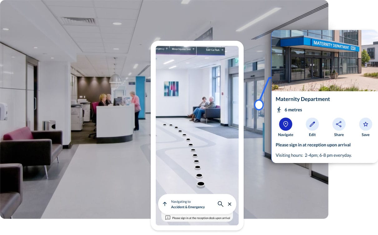 Smartphone showing Spaces turn-by-turn indoor navigation in a corporate office environment