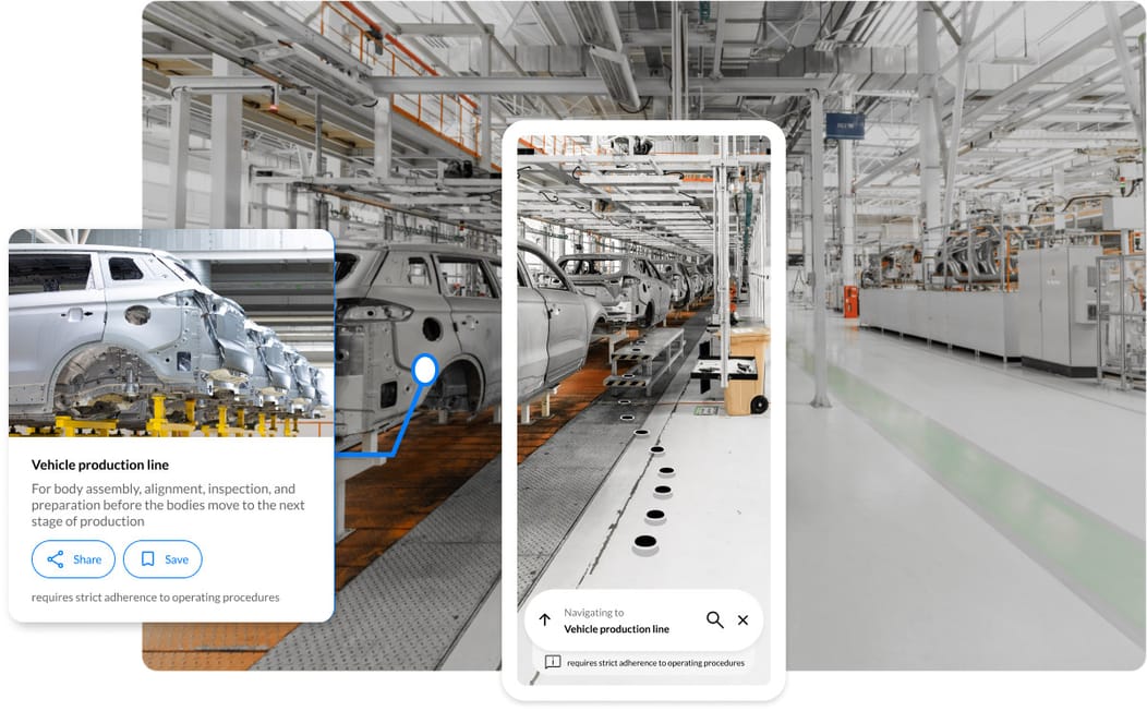 Smartphone displaying the Spaces indoor navigation interface overlaid on an industrial factory environment