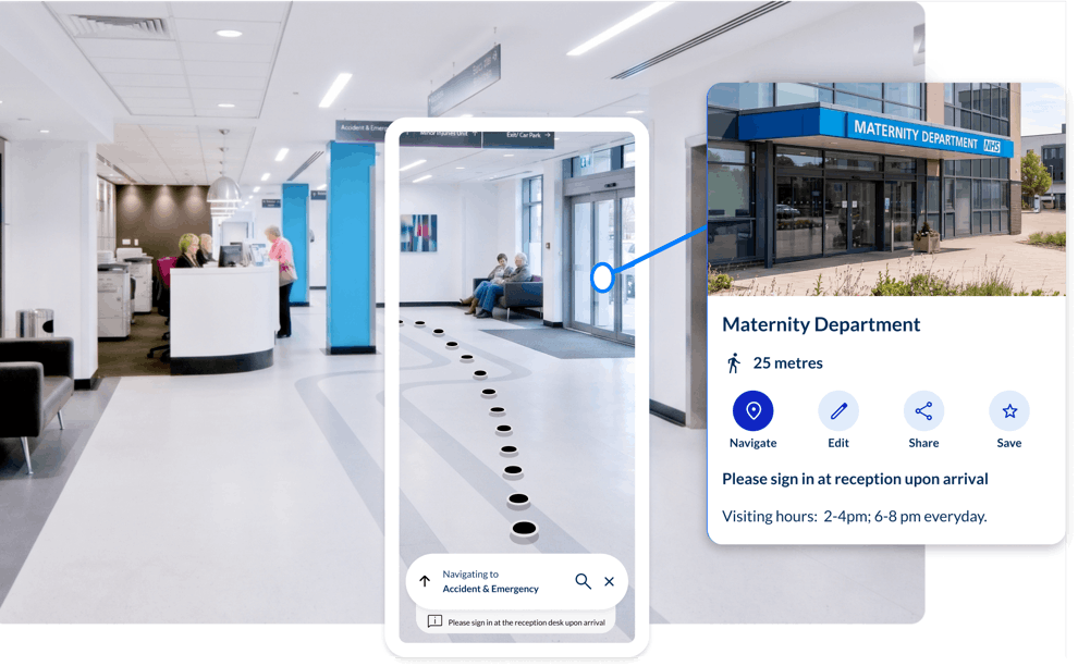 Smartphone showing Spaces turn-by-turn navigation to Accident & Emergency inside a hospital corridor
