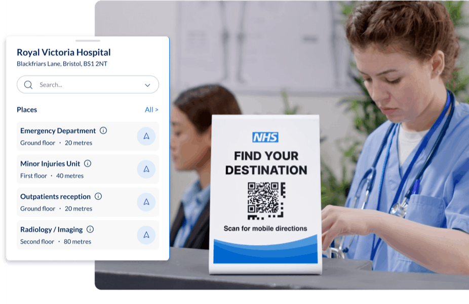 Spaces search screen listing hospital destinations including Emergency Department, Minor Injuries Unit and Outpatients reception