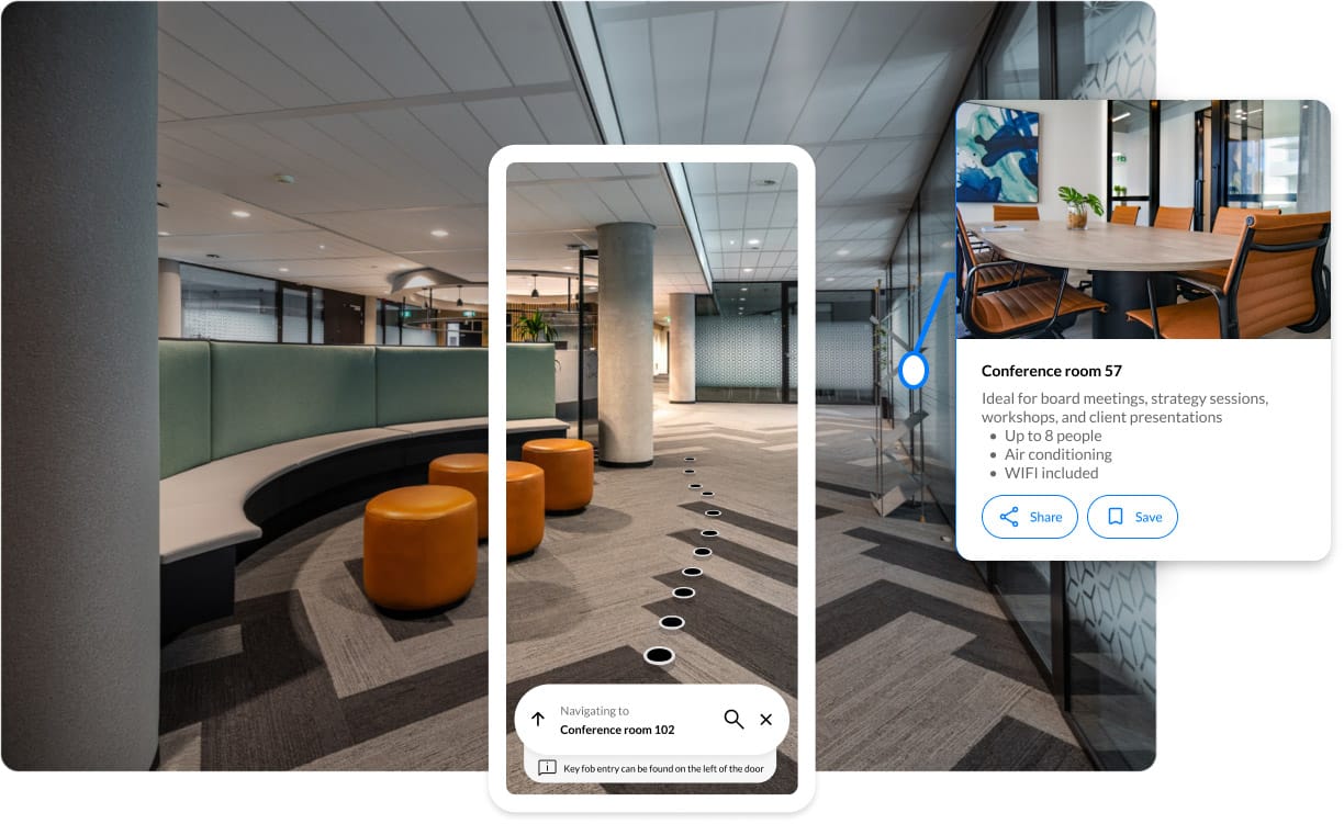 Smartphone showing Spaces turn-by-turn indoor navigation in a corporate office environment